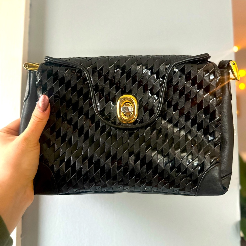 Black Woven Patent Leather Bag with brass lock